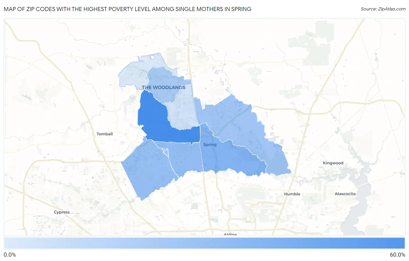 Zip Codes with the Highest Poverty Level Among Single Mothers in Spring Map