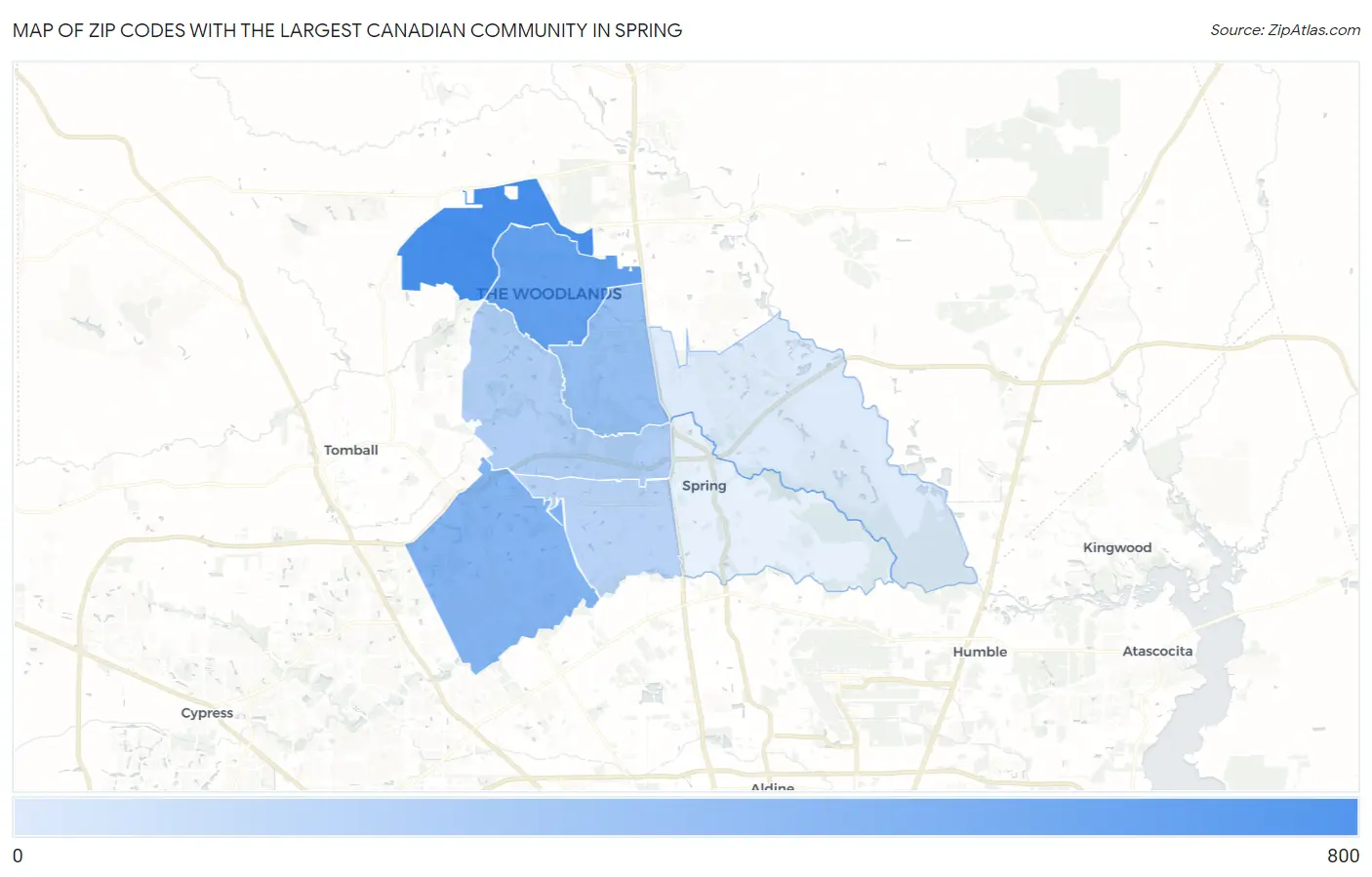 Zip Codes with the Largest Canadian Community in Spring Map