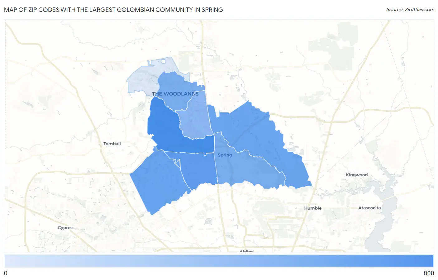 Zip Codes with the Largest Colombian Community in Spring Map