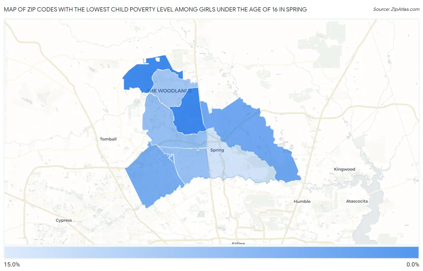 Zip Codes with the Lowest Child Poverty Level Among Girls Under the Age of 16 in Spring Map