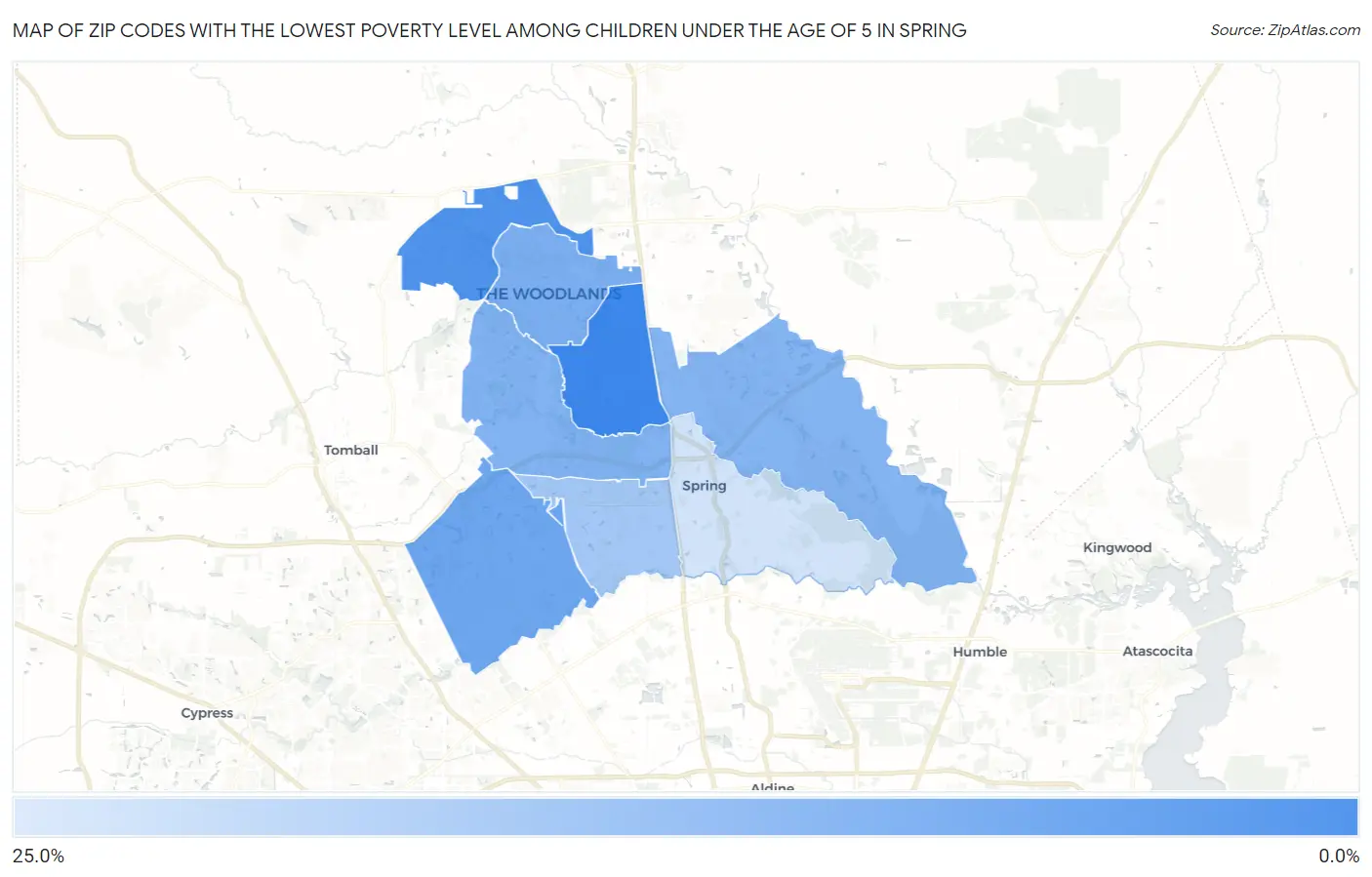 Zip Codes with the Lowest Poverty Level Among Children Under the Age of 5 in Spring Map