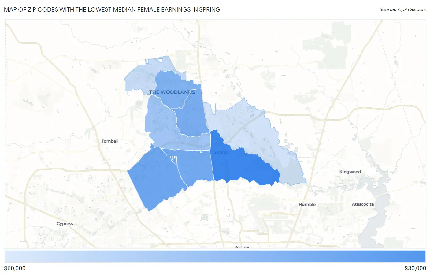 Zip Codes with the Lowest Median Female Earnings in Spring Map
