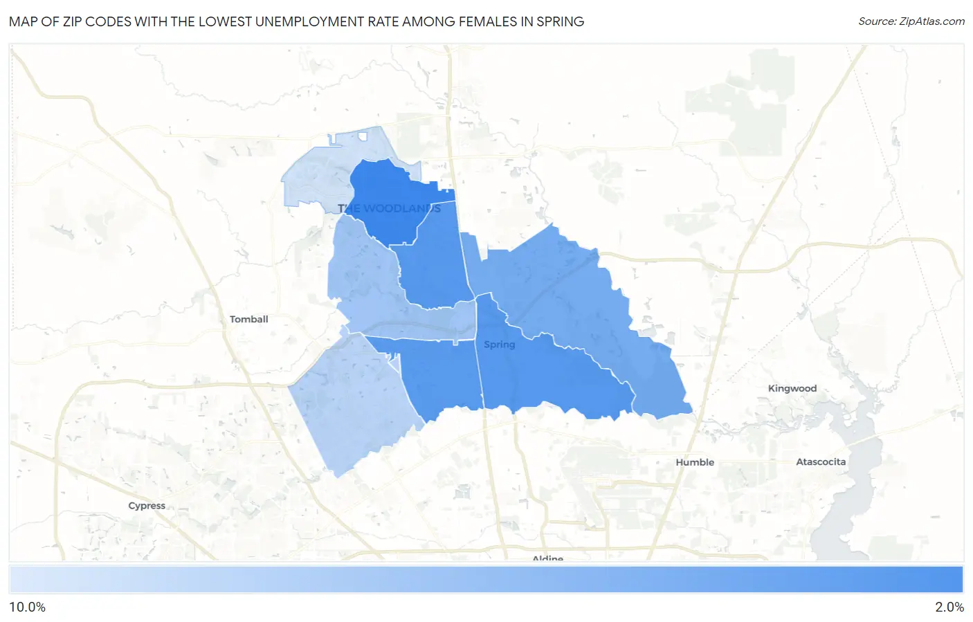 Zip Codes with the Lowest Unemployment Rate Among Females in Spring Map
