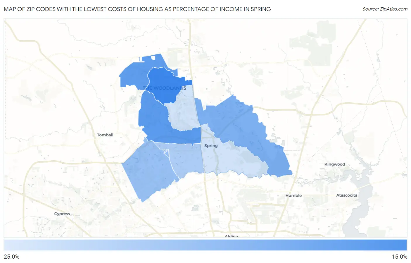 Zip Codes with the Lowest Costs of Housing as Percentage of Income in Spring Map