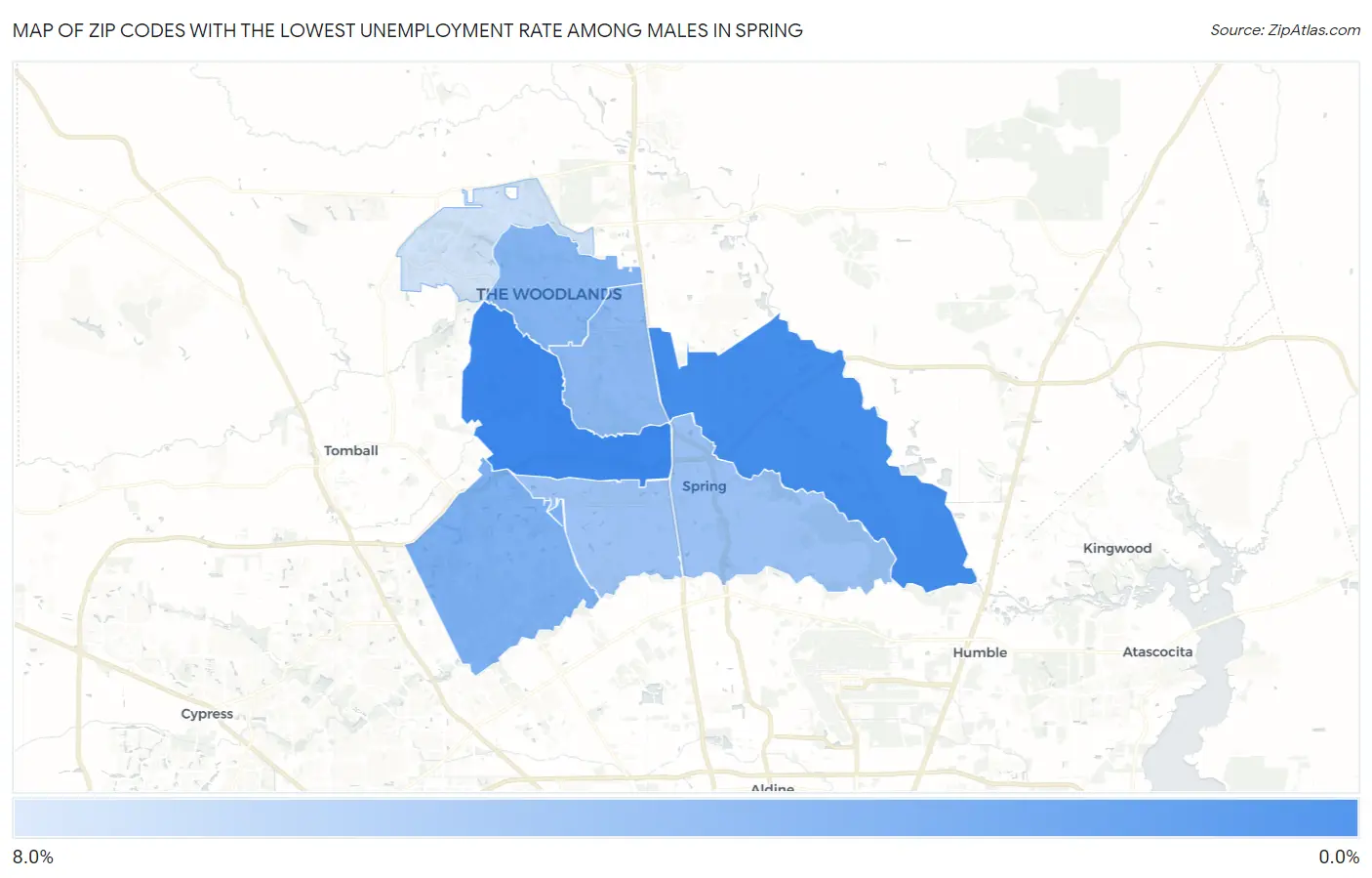 Zip Codes with the Lowest Unemployment Rate Among Males in Spring Map