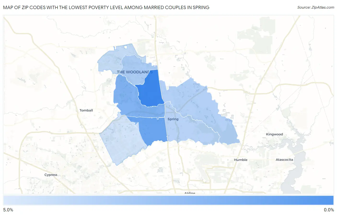 Zip Codes with the Lowest Poverty Level Among Married Couples in Spring Map
