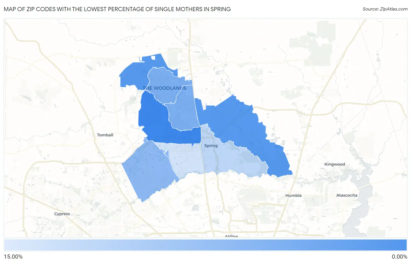 Zip Codes with the Lowest Percentage of Single Mothers in Spring Map