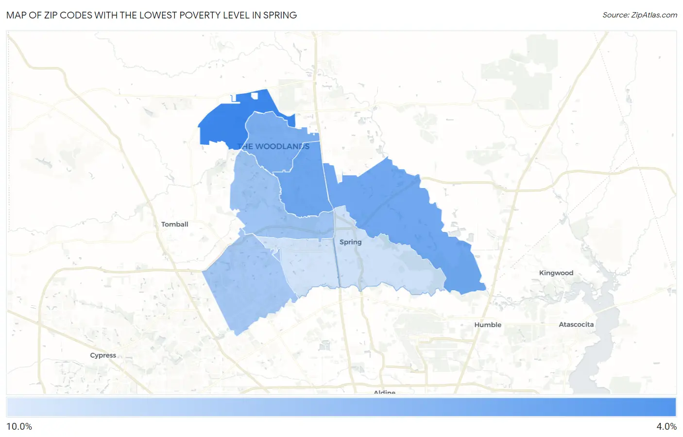 Zip Codes with the Lowest Poverty Level in Spring Map