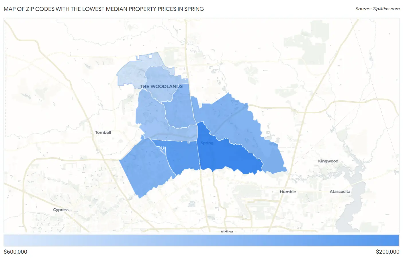Zip Codes with the Lowest Median Property Prices in Spring Map