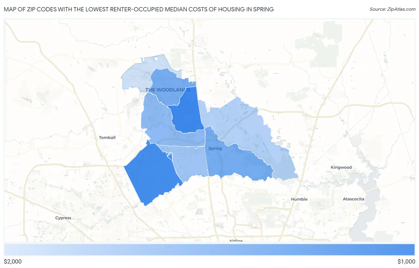 Zip Codes with the Lowest Renter-Occupied Median Costs of Housing in Spring Map