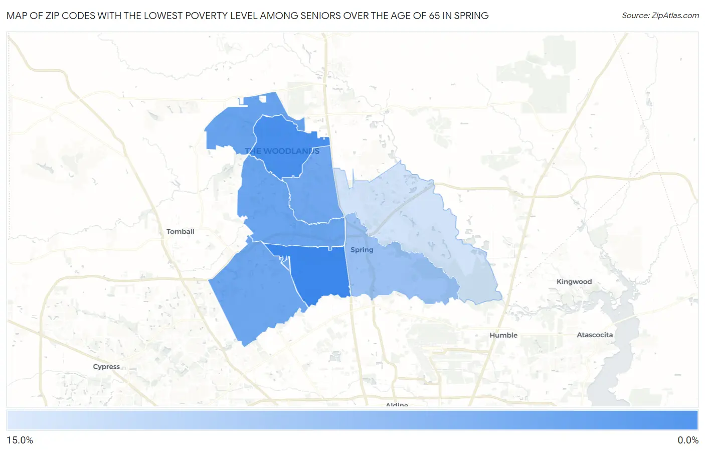 Zip Codes with the Lowest Poverty Level Among Seniors Over the Age of 65 in Spring Map