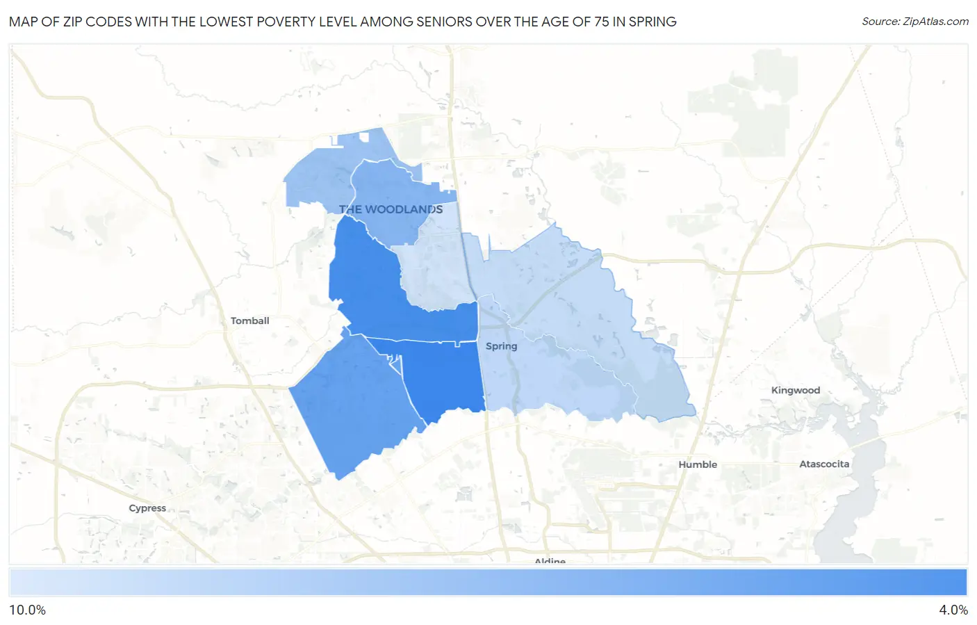 Zip Codes with the Lowest Poverty Level Among Seniors Over the Age of 75 in Spring Map