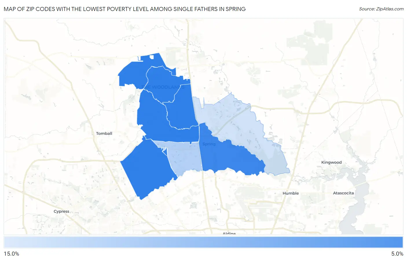 Zip Codes with the Lowest Poverty Level Among Single Fathers in Spring Map