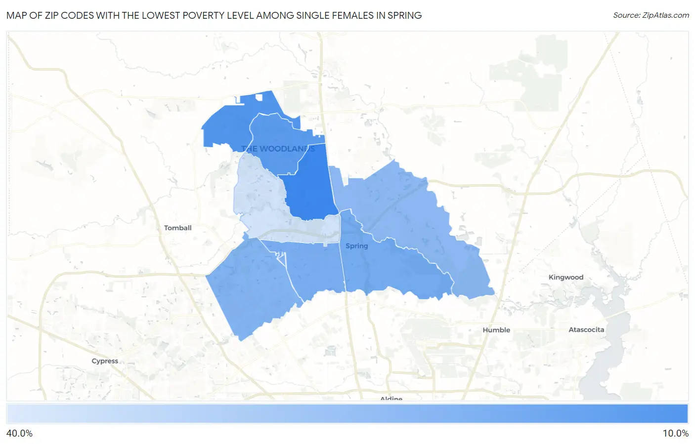 Zip Codes with the Lowest Poverty Level Among Single Females in Spring Map