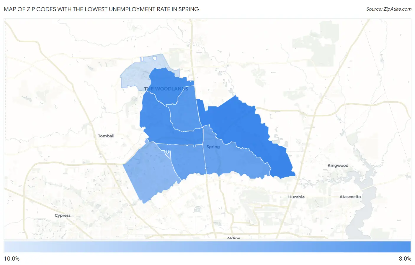 Zip Codes with the Lowest Unemployment Rate in Spring Map