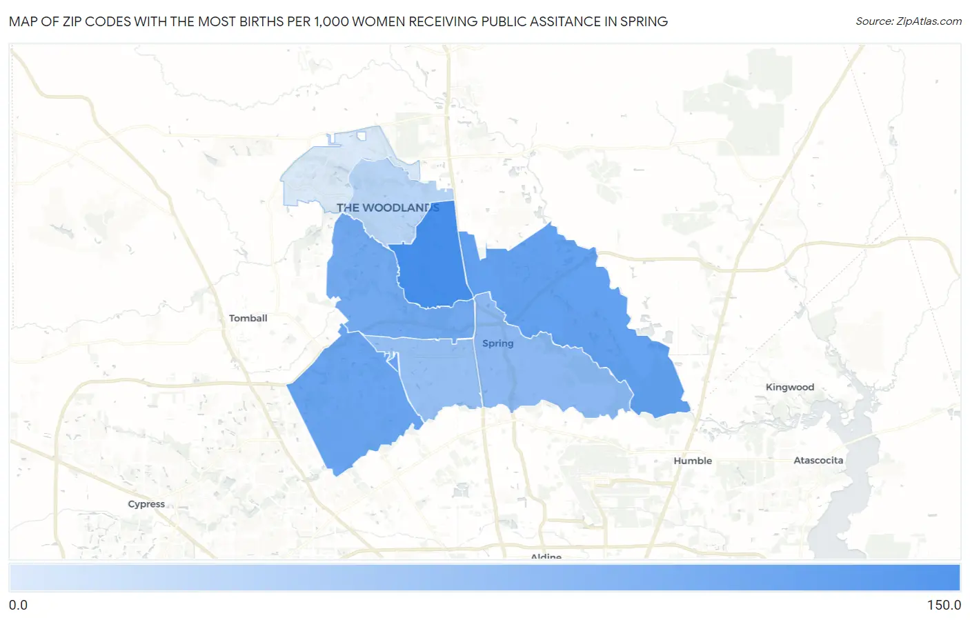 Zip Codes with the Most Births per 1,000 Women Receiving Public Assitance in Spring Map