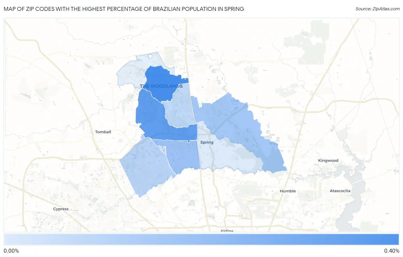 Zip Codes with the Highest Percentage of Brazilian Population in Spring Map