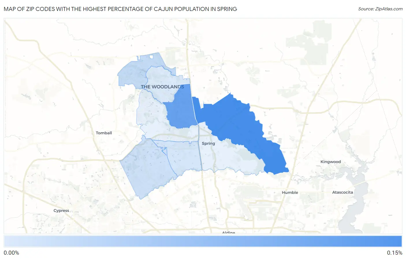 Zip Codes with the Highest Percentage of Cajun Population in Spring Map