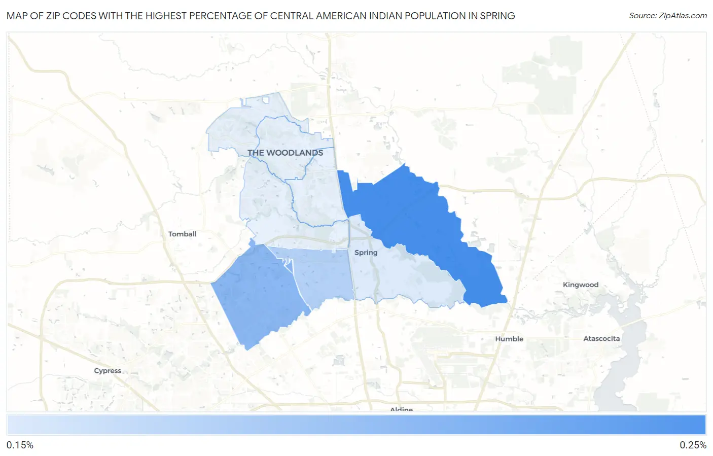 Zip Codes with the Highest Percentage of Central American Indian Population in Spring Map