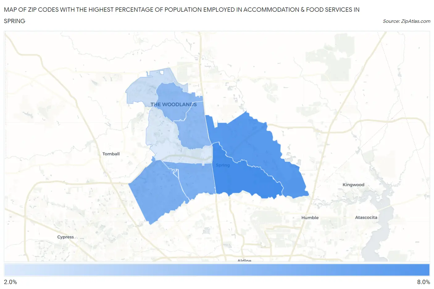Zip Codes with the Highest Percentage of Population Employed in Accommodation & Food Services in Spring Map