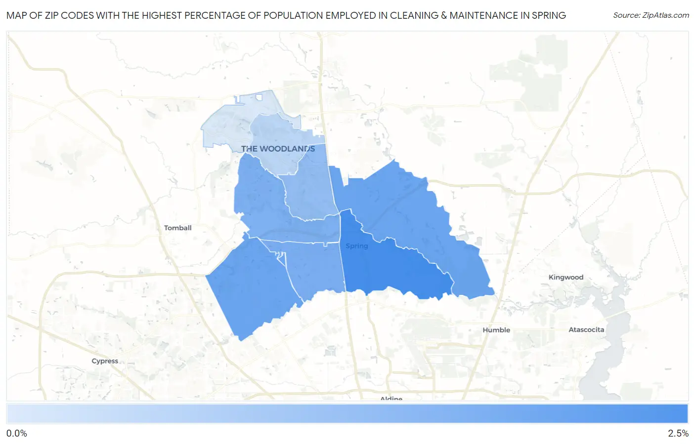 Zip Codes with the Highest Percentage of Population Employed in Cleaning & Maintenance in Spring Map