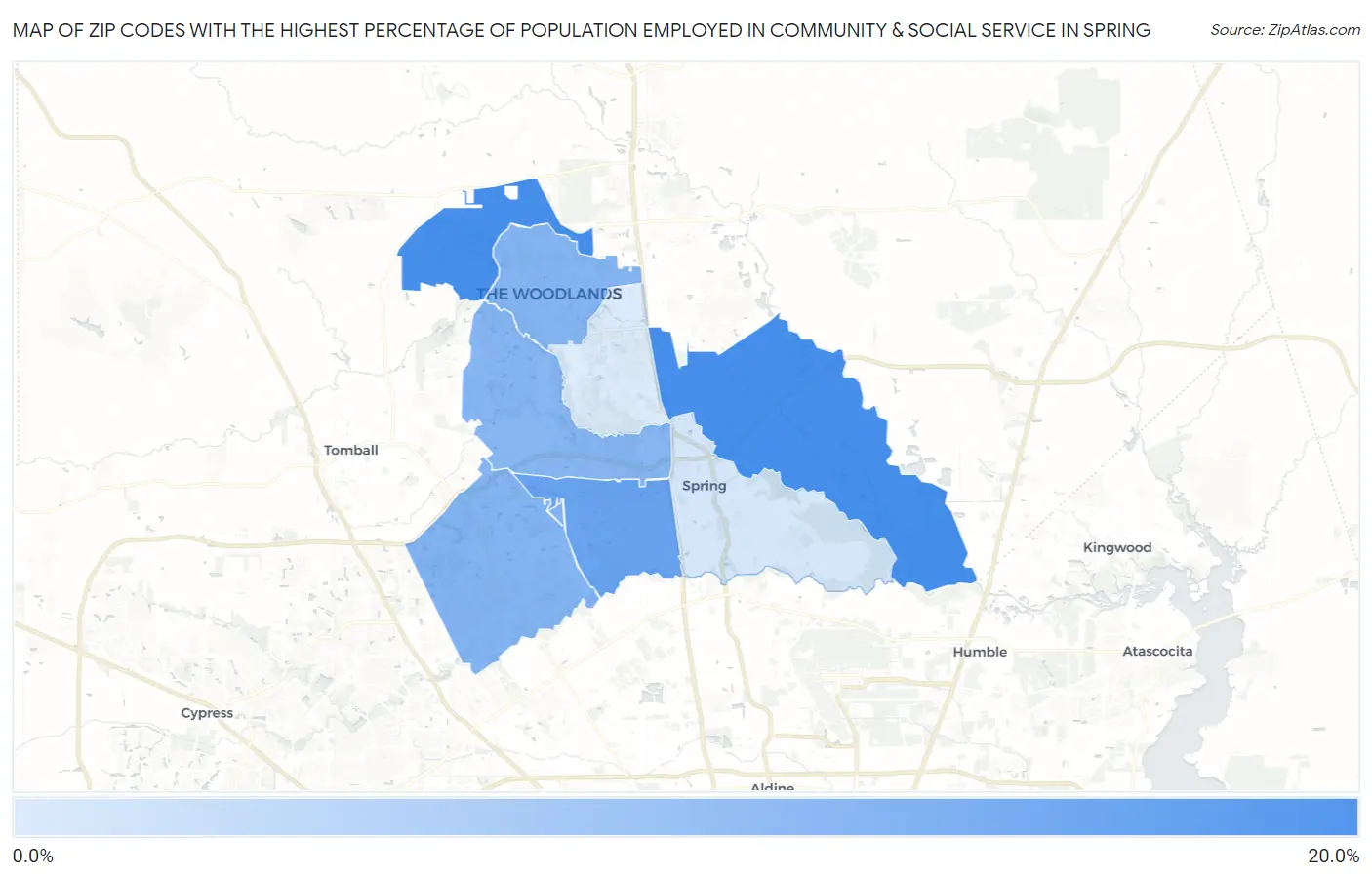 Zip Codes with the Highest Percentage of Population Employed in Community & Social Service  in Spring Map
