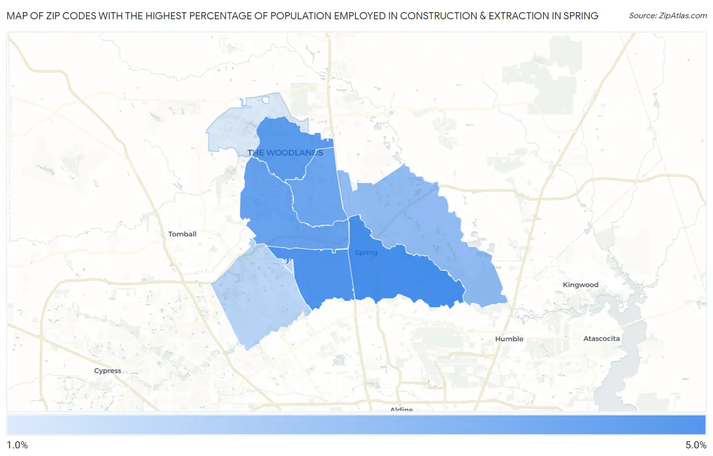 Zip Codes with the Highest Percentage of Population Employed in Construction & Extraction in Spring Map