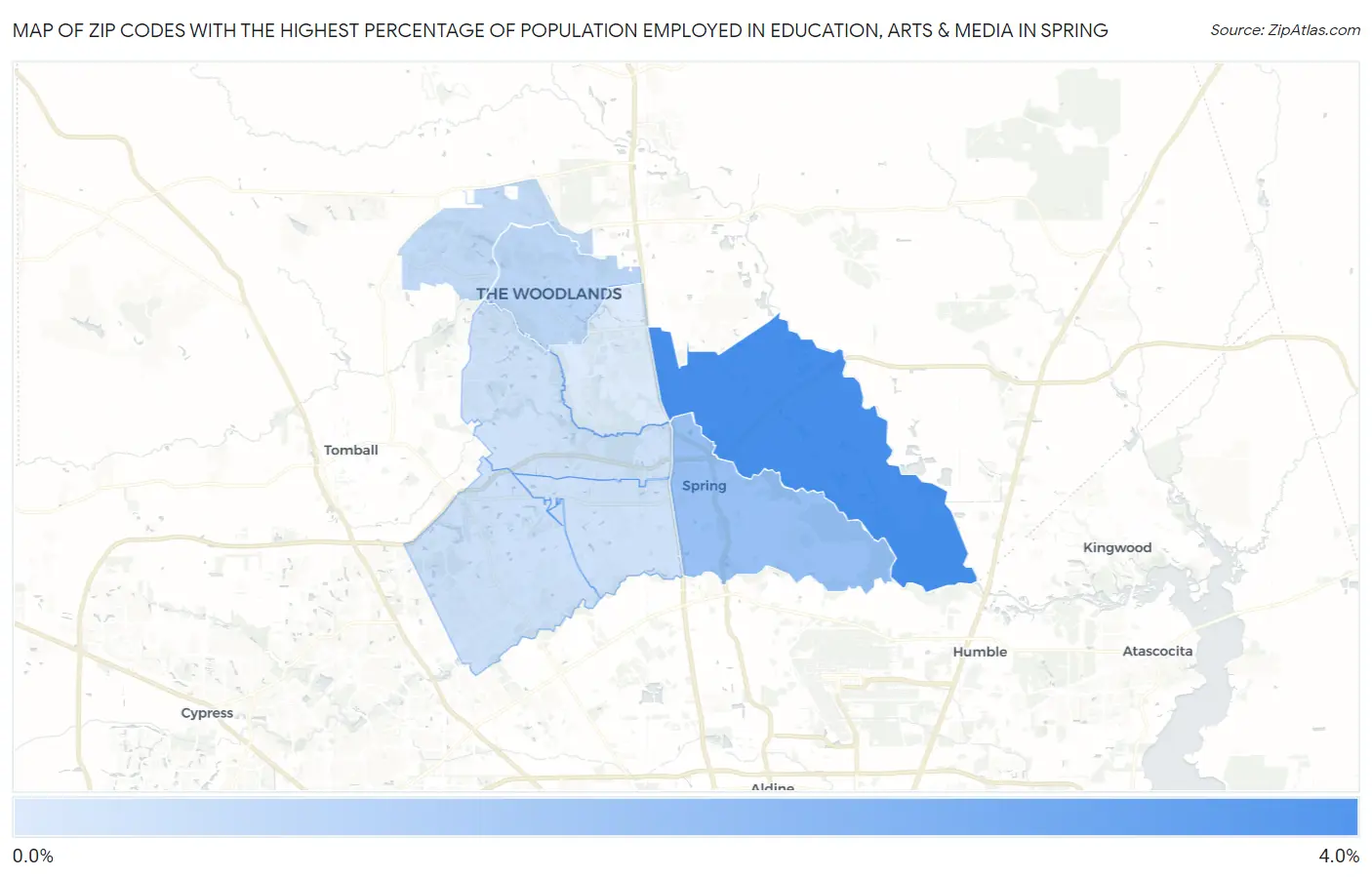 Zip Codes with the Highest Percentage of Population Employed in Education, Arts & Media in Spring Map