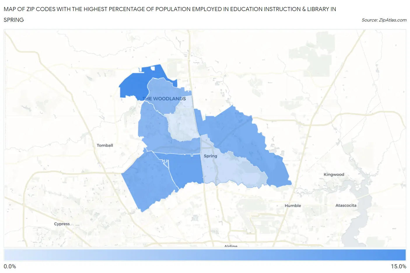 Zip Codes with the Highest Percentage of Population Employed in Education Instruction & Library in Spring Map