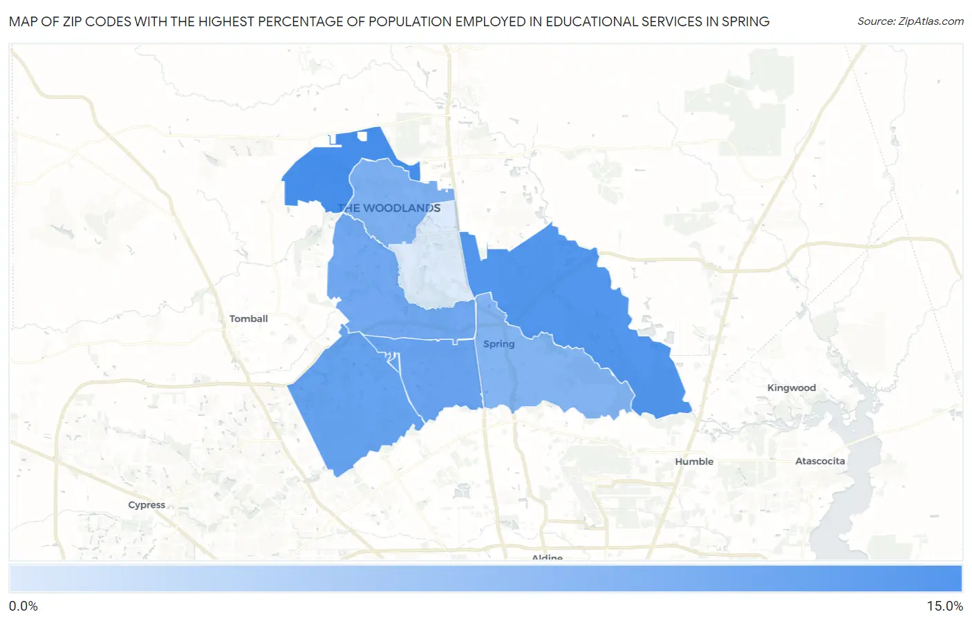 Zip Codes with the Highest Percentage of Population Employed in Educational Services in Spring Map