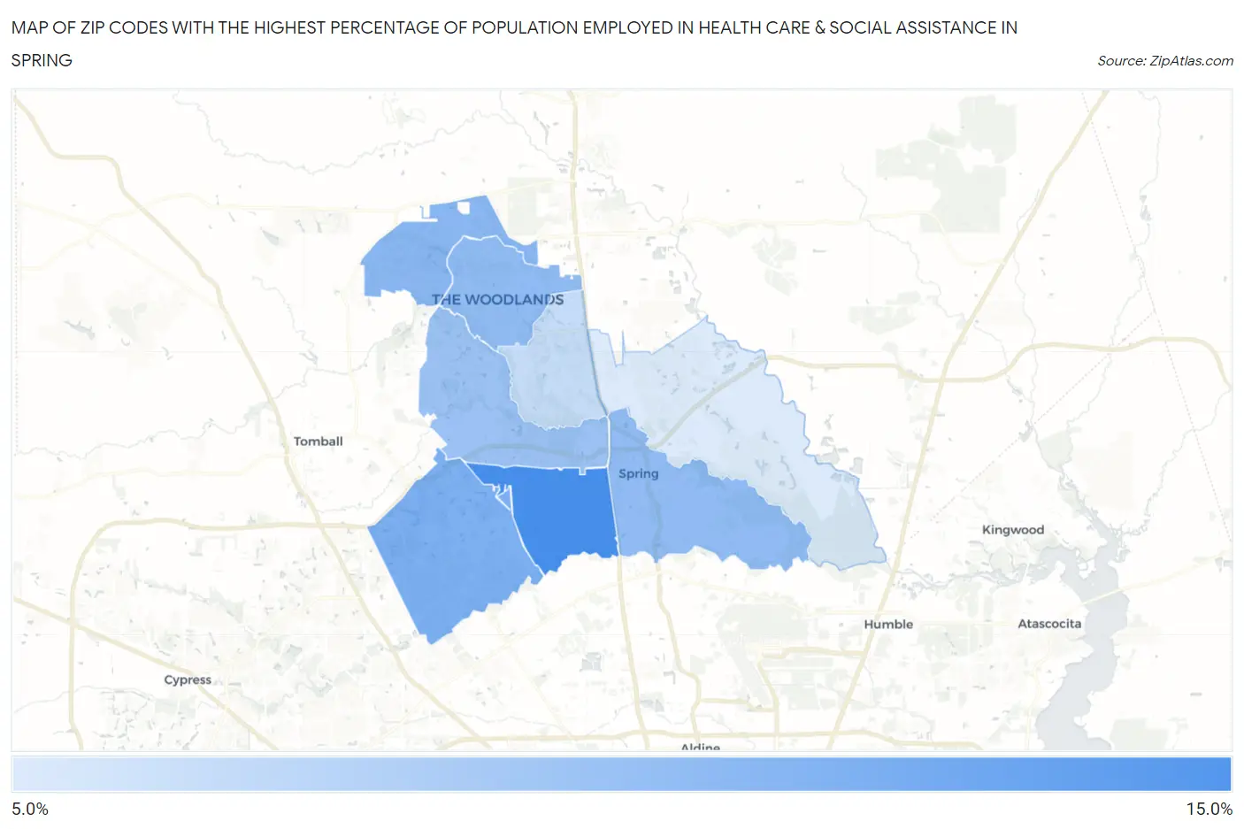 Zip Codes with the Highest Percentage of Population Employed in Health Care & Social Assistance in Spring Map