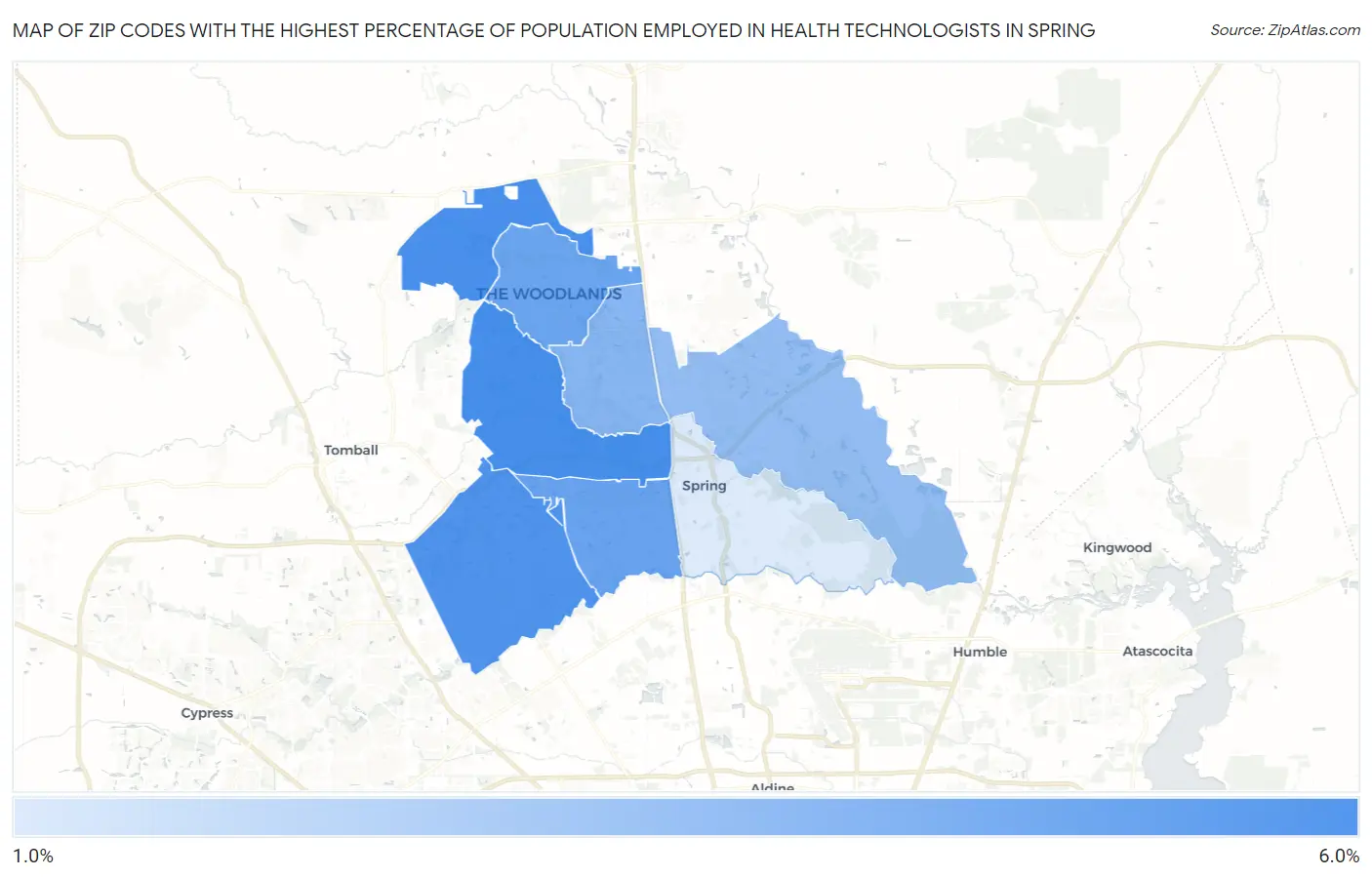 Zip Codes with the Highest Percentage of Population Employed in Health Technologists in Spring Map