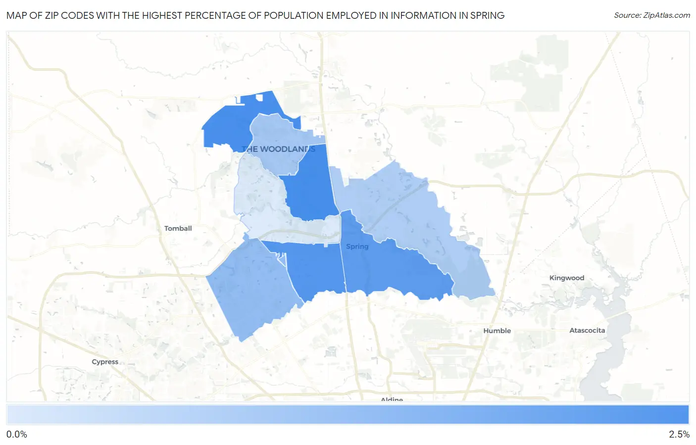 Zip Codes with the Highest Percentage of Population Employed in Information in Spring Map
