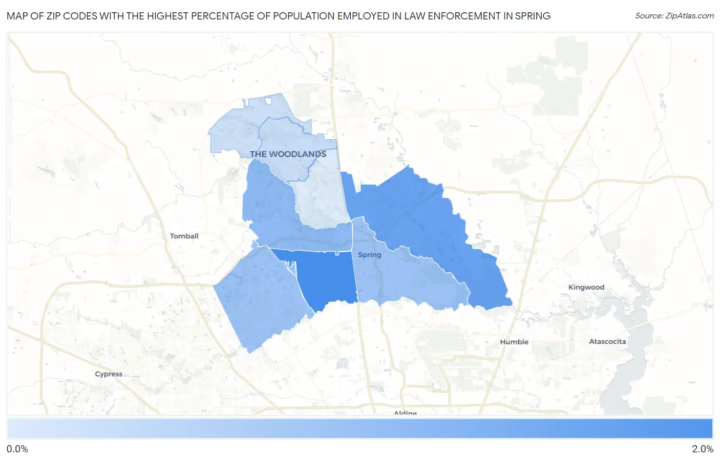 Zip Codes with the Highest Percentage of Population Employed in Law Enforcement in Spring Map