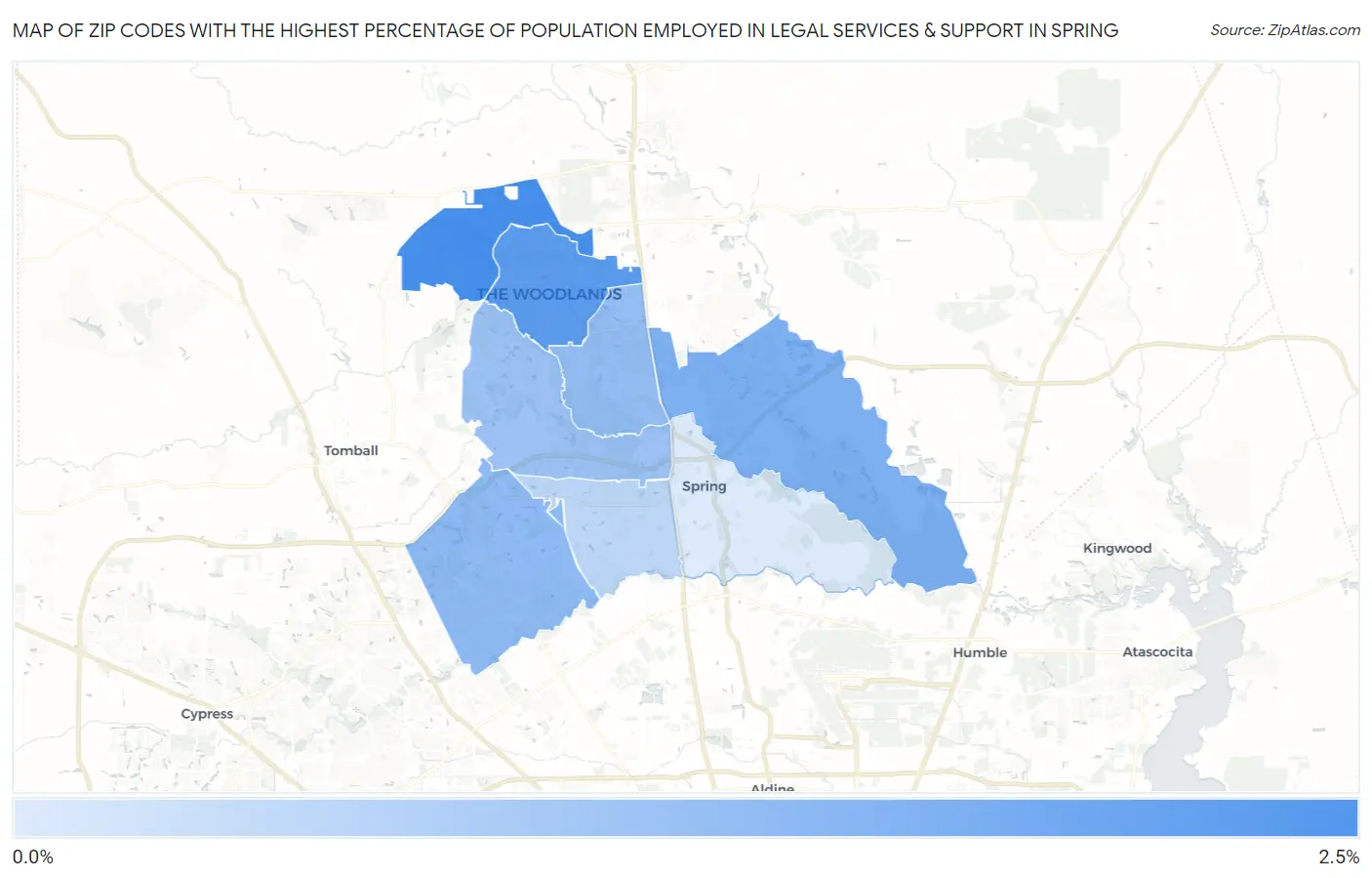 Zip Codes with the Highest Percentage of Population Employed in Legal Services & Support in Spring Map