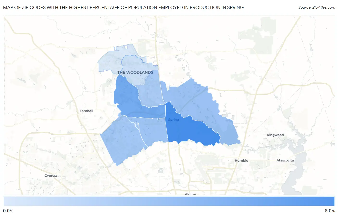 Zip Codes with the Highest Percentage of Population Employed in Production in Spring Map
