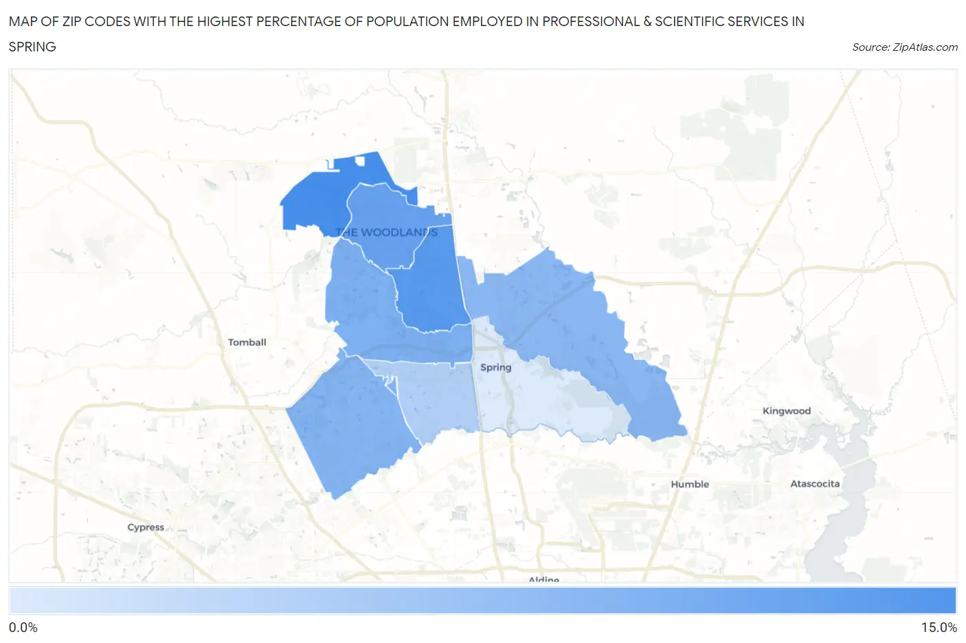 Zip Codes with the Highest Percentage of Population Employed in Professional & Scientific Services in Spring Map