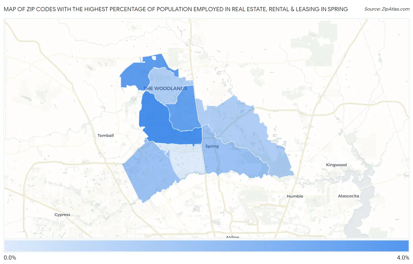 Zip Codes with the Highest Percentage of Population Employed in Real Estate, Rental & Leasing in Spring Map