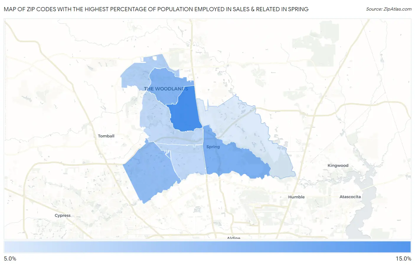 Zip Codes with the Highest Percentage of Population Employed in Sales & Related in Spring Map