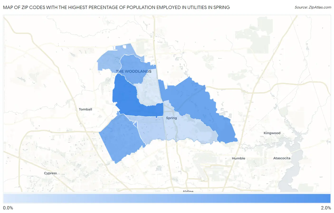 Zip Codes with the Highest Percentage of Population Employed in Utilities in Spring Map