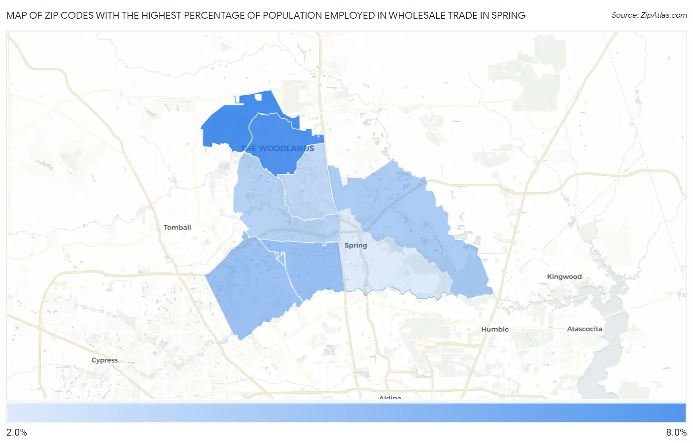 Zip Codes with the Highest Percentage of Population Employed in Wholesale Trade in Spring Map
