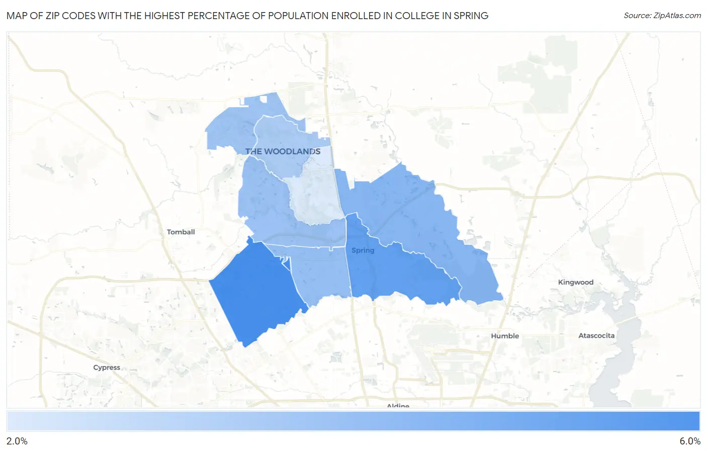 Zip Codes with the Highest Percentage of Population Enrolled in College in Spring Map
