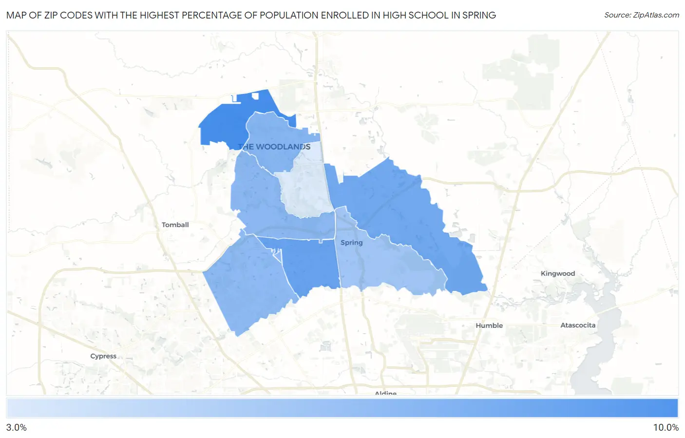 Zip Codes with the Highest Percentage of Population Enrolled in High School in Spring Map