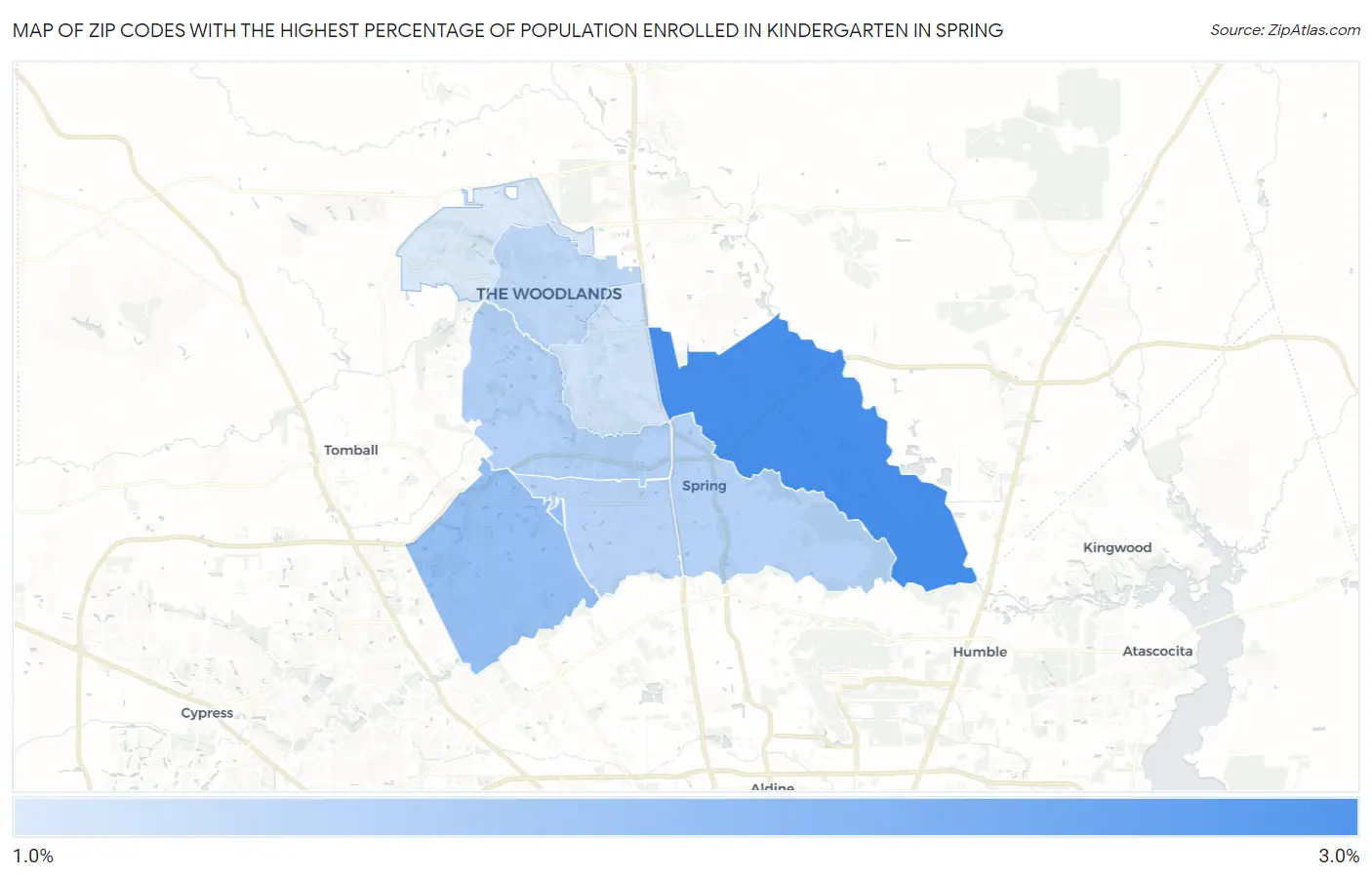 Zip Codes with the Highest Percentage of Population Enrolled in Kindergarten in Spring Map
