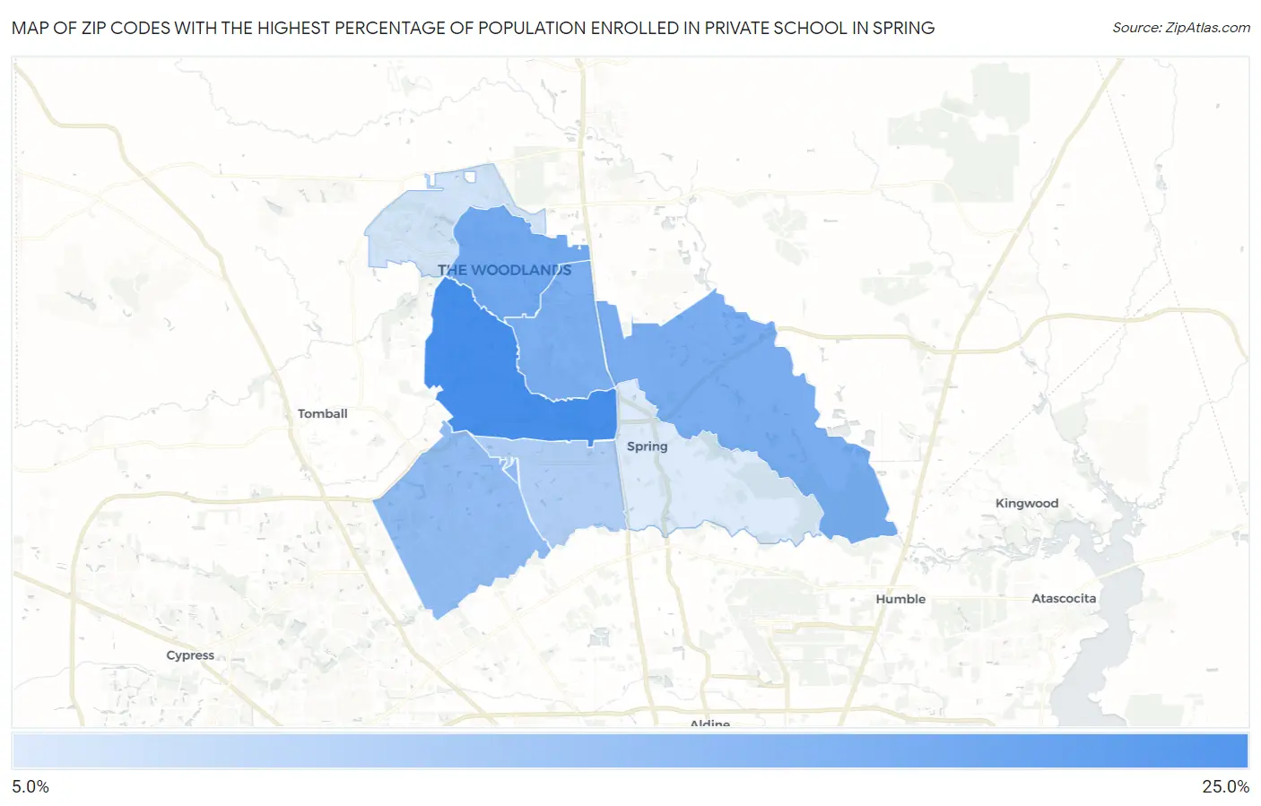 Zip Codes with the Highest Percentage of Population Enrolled in Private School in Spring Map