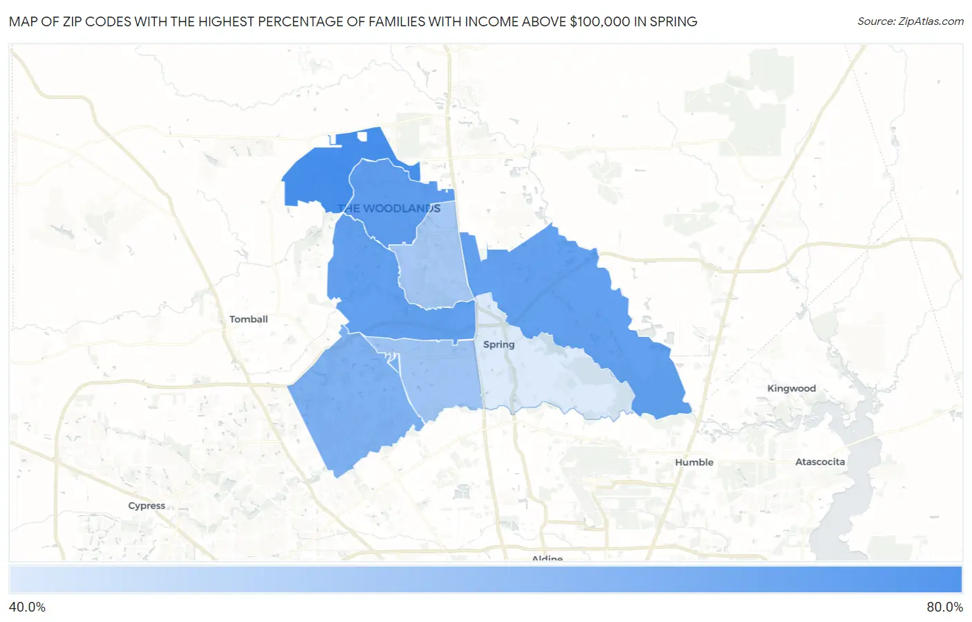 Zip Codes with the Highest Percentage of Families with Income Above $100,000 in Spring Map