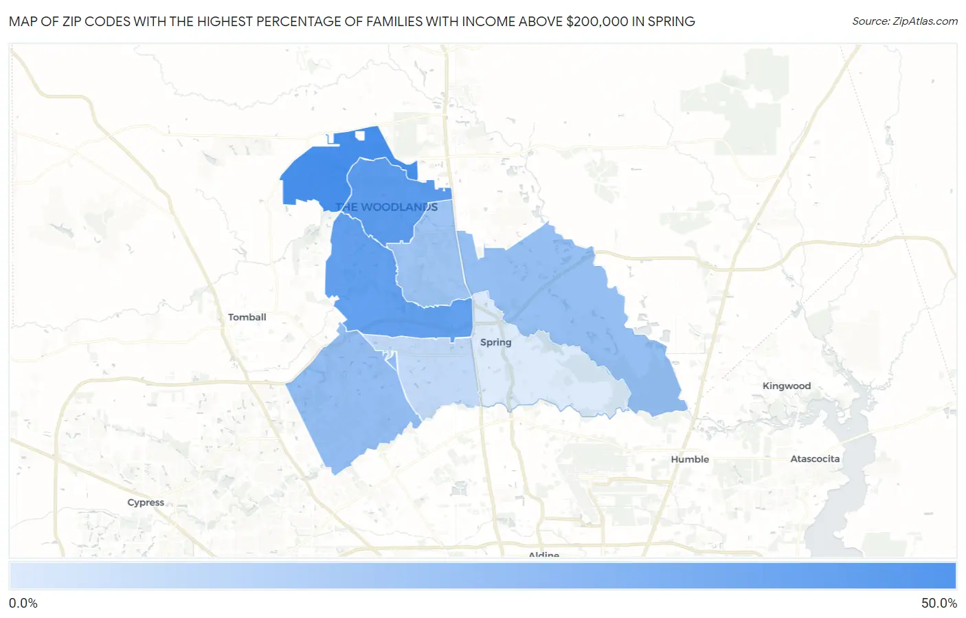 Zip Codes with the Highest Percentage of Families with Income Above $200,000 in Spring Map