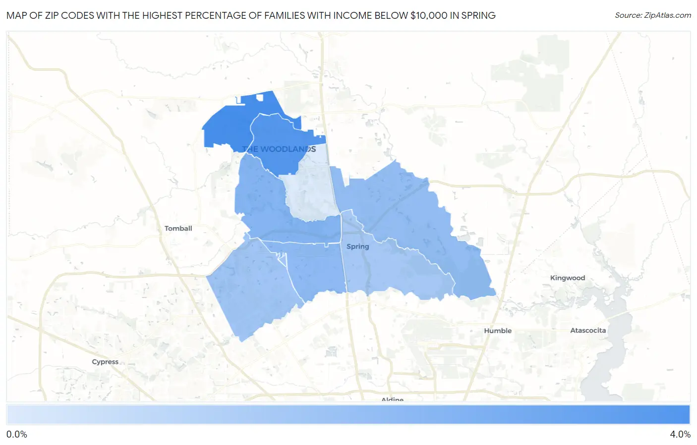 Zip Codes with the Highest Percentage of Families with Income Below $10,000 in Spring Map