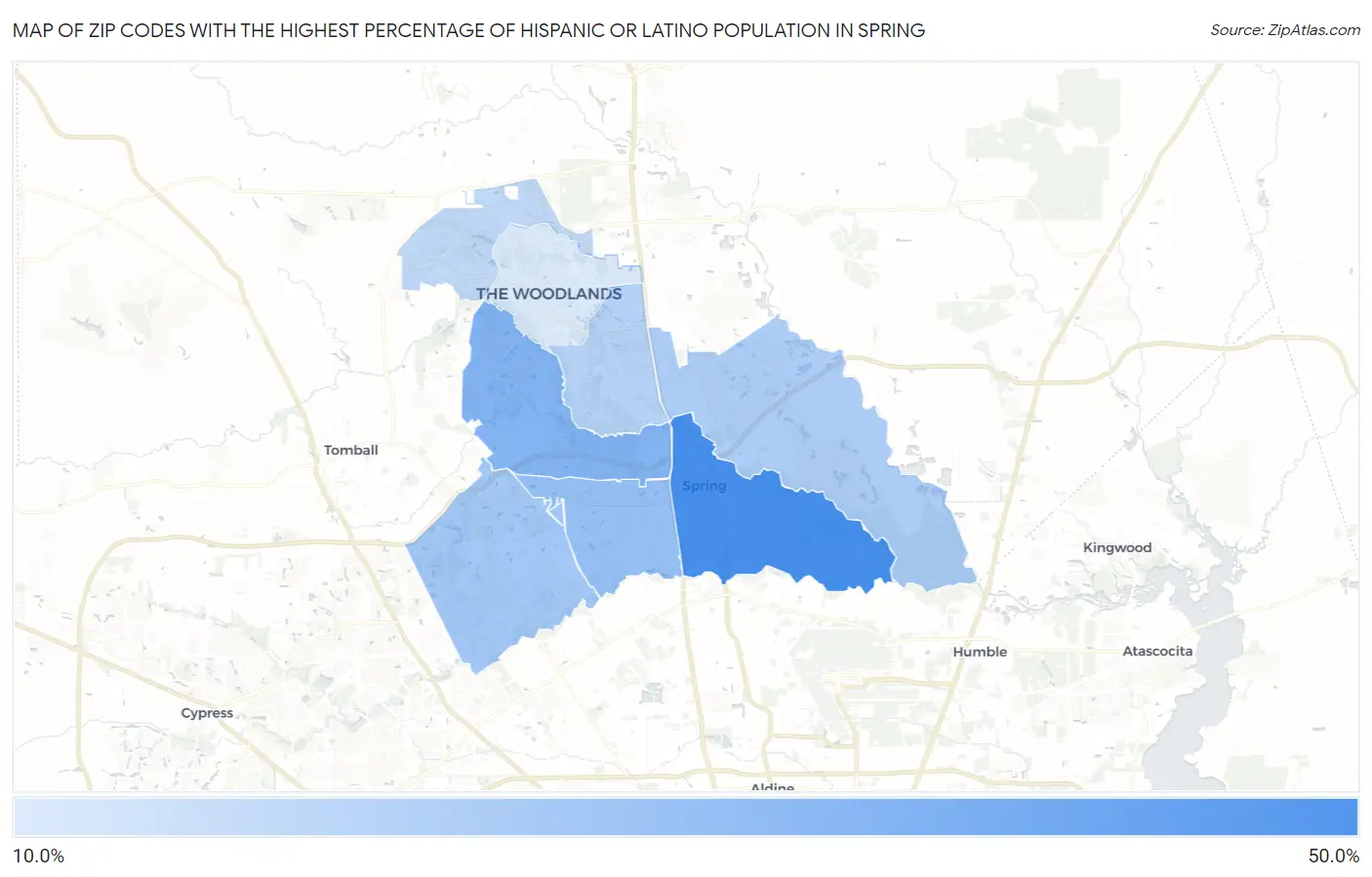 Zip Codes with the Highest Percentage of Hispanic or Latino Population in Spring Map