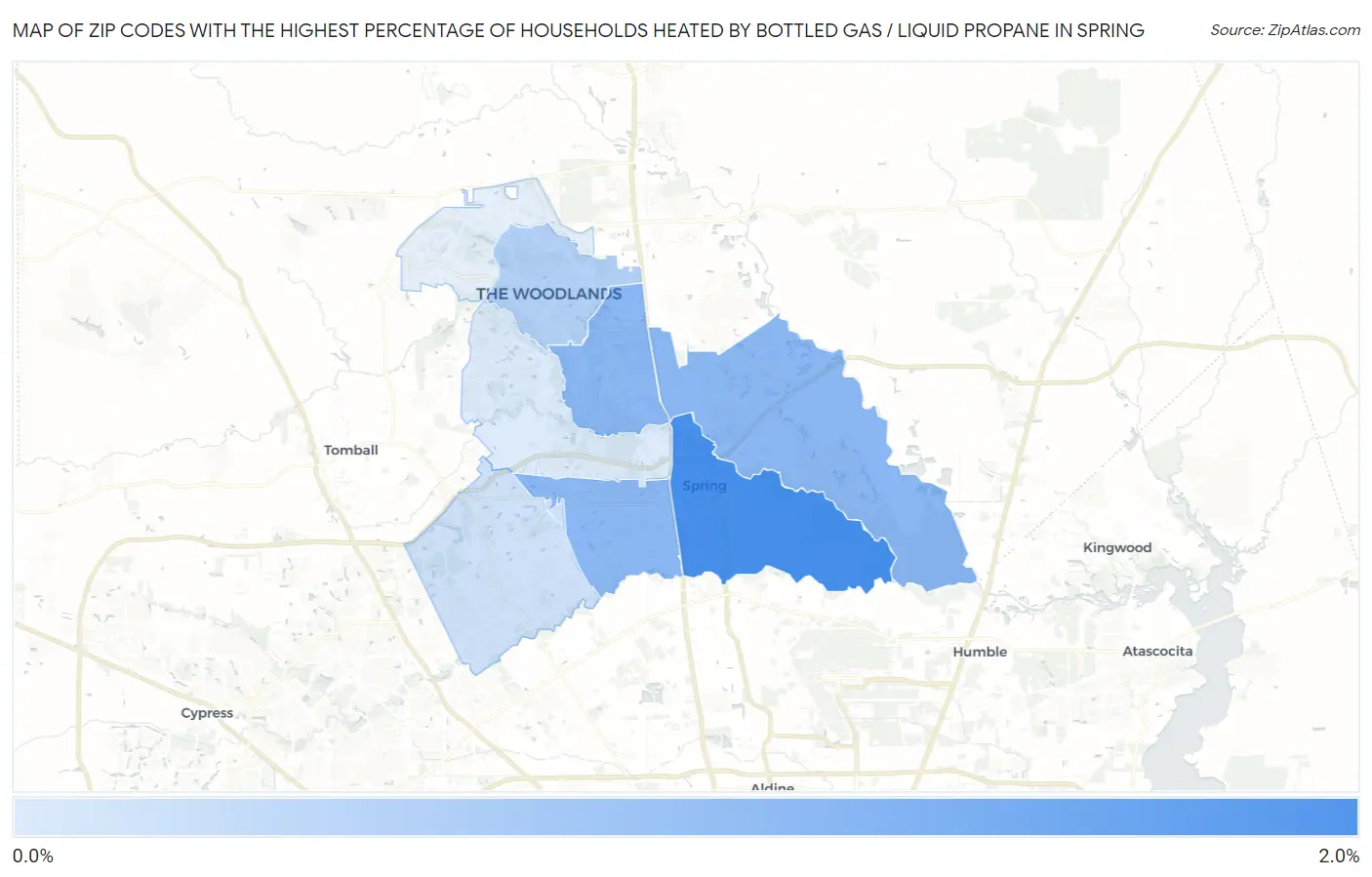 Zip Codes with the Highest Percentage of Households Heated by Bottled Gas / Liquid Propane in Spring Map
